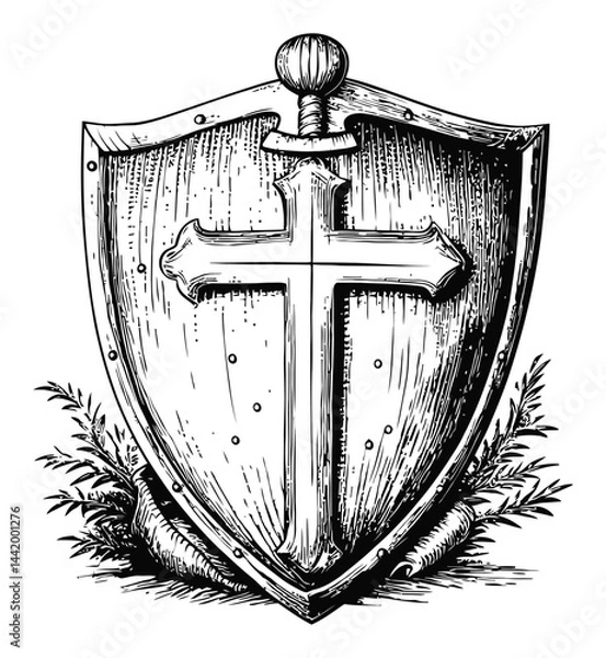 Obraz Vintage Engraving of a Shield and Cross Design for Illustrations