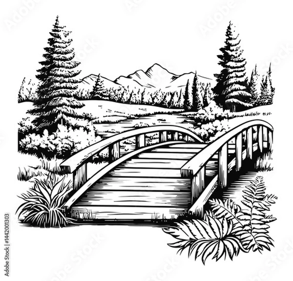 Obraz Vintage Illustration of a Tranquil Bridge in a Scenic Landscape