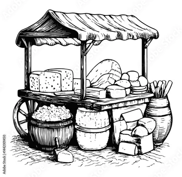 Obraz Vintage Engraving of a Rustic Market Stall with Fresh Produce