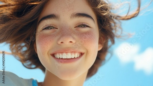Fototapeta  genuine smile in sunlight, freckles glowing, wind gently playing with hair, pure joy
