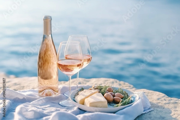 Obraz Rose wine and cheese picnic with sea view