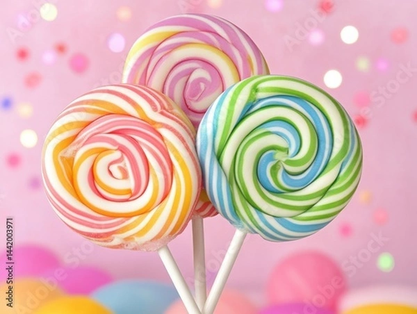 Fototapeta Multiple bright swirl lollipops arranged like a bouquet in colorful party decor setting with confetti 