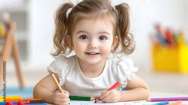 Fototapeta Toddler with crayons learning alphabet at home, soft rugs and wooden toys around, gentle color palette