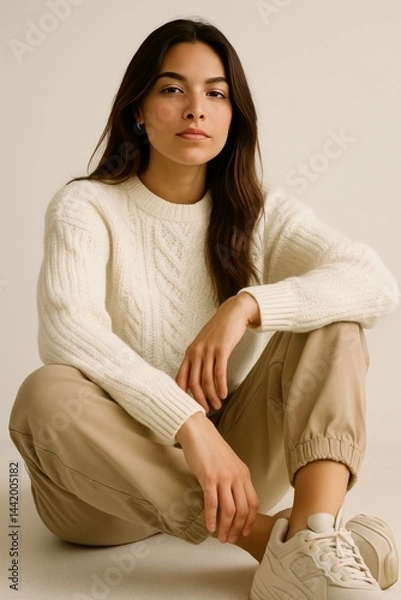 Obraz A close-up shot of a confident young woman sitting in a relaxed, modern pose.