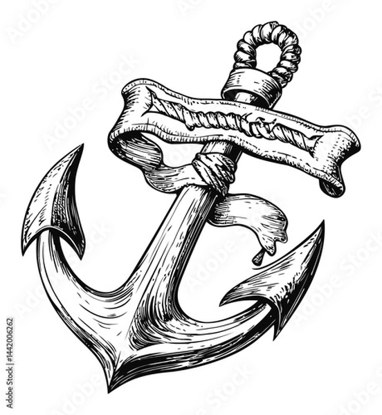 Obraz Detailed Black and White Engraving of an Anchor with a Ribbon