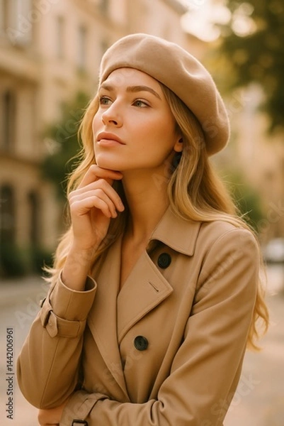 Obraz A stylish woman in a sophisticated beige trench coat and soft beret gazing thoughtfully upwards, with her hand resting gently on her chin.