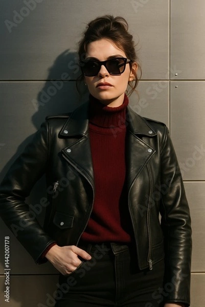 Obraz A fashionable young woman in a sleek, dark leather jacket and oversized sunglasses, confidently posing in front of a modern, metallic wall with her hand resting on her hip.