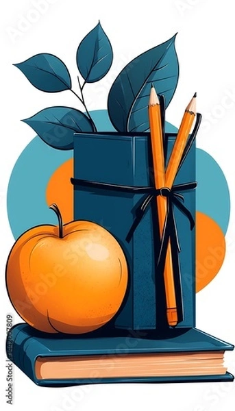 Fototapeta Still life of books, pencils, leaves, and an apple