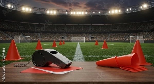 Obraz Night Football Stadium Referee Whistle and Red Card on Table