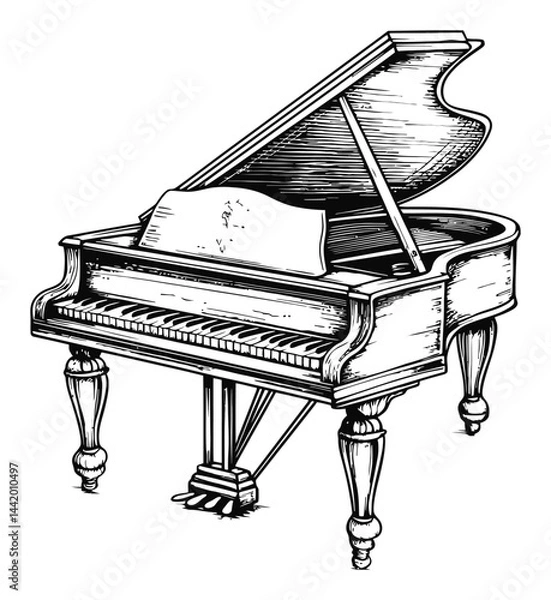 Obraz Detailed Engraving of a Grand Piano with Open Lid and Elegant Design