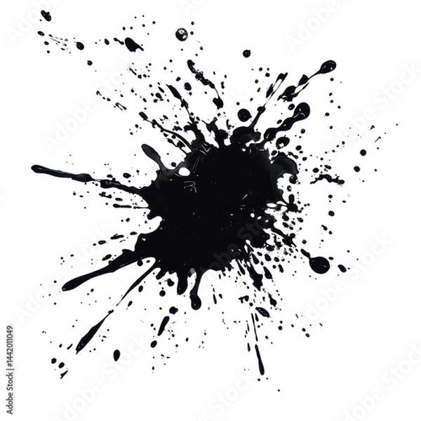 Fototapeta A dramatic, dark liquid splatter pattern against a black backdrop, creating an abstract explosion effect.