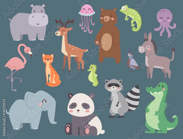 Obraz Cute zoo cartoon animals isolated funny wildlife learn cute language and tropical nature safari mammal jungle tall characters vector illustration.