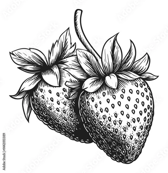 Obraz Detailed Black and White Engraving of Two Strawberries with Leaves