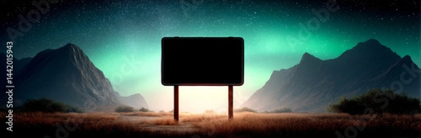 Fototapeta Dark billboard stands serene landscape, surrounded by majestic mountains and starry sky illuminated by northern lights. scene evokes sense