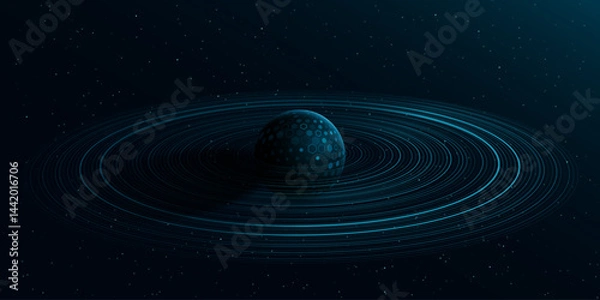 Obraz Cyber planet Saturn textured with pattern of hexagons with ring around and shining stardust. Scientific presentation backdrop for online conference. Black outer space concept. Cosmic Science backgroun