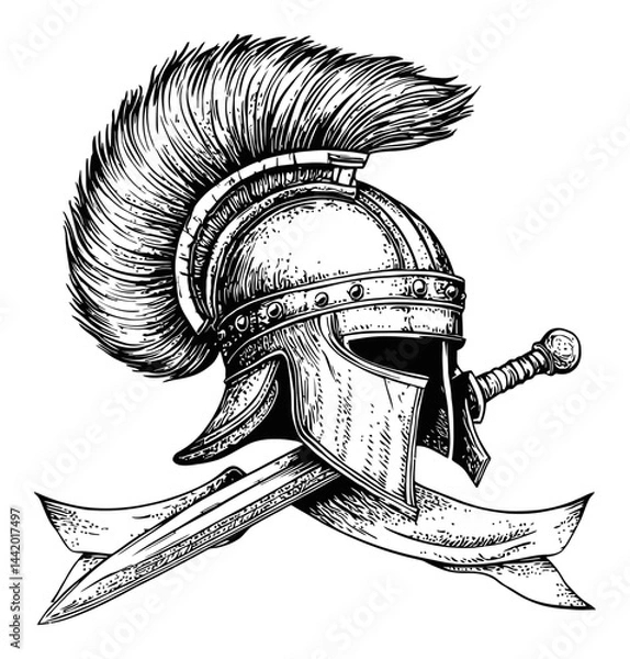 Obraz Classic Engraving of a Roman Helmet with Sword and Banner Design