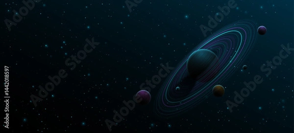 Fototapeta Galaxy Science background. Abstract planet Saturn with colorful ring around and other planets. Realistic shining starry sky. Scientific presentation backdrop for conference. Vector illustration