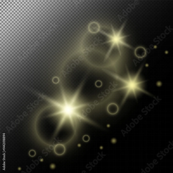 Fototapeta Light effect. White sparks and star glittering, flare sparkle. Gold luminous points. Vector particles on transparent background Gold glittering dots, particles, stars magic sparks. 