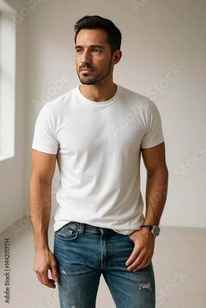 Obraz A confident man standing in a modern, minimalistic studio with natural light.