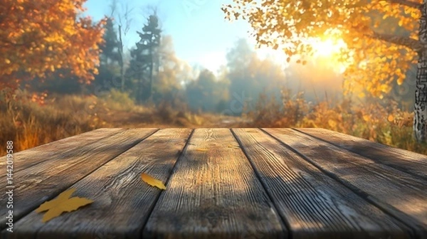 Obraz Rustic Wooden Table in Autumn Landscape with Warm Sunlight Glow