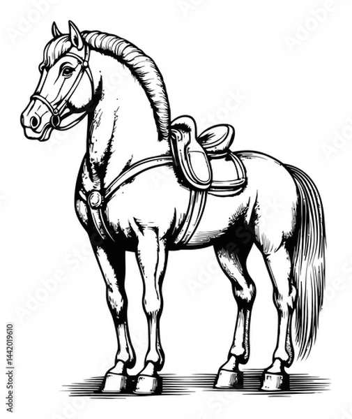 Obraz Detailed Black and White Engraving of a Standing Horse with Saddle