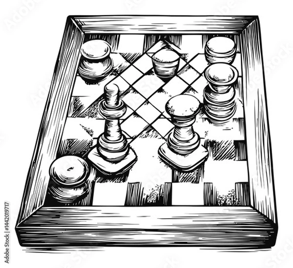 Obraz Vintage Engraving of a Chess Game with Stylish Pieces and Board