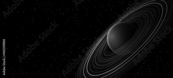 Fototapeta Abstract planet Saturn with ring around and Shining Starry sky. Scientific presentation backdrop for online webinar. Black outer space concept. Cosmic Science background. Vector illustration