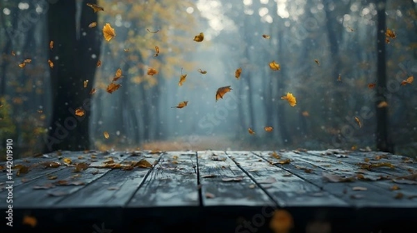 Obraz Autumn Leaves Falling on Wooden Path in Enchanted Forest Scene