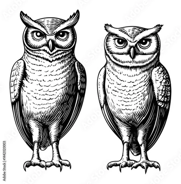 Obraz Detailed Engraving Illustration of Two Distinct Owls in Black and White
