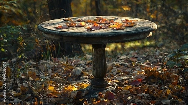 Fototapeta Rustic Round Table Surrounded by Autumn Leaves in Forest Setting