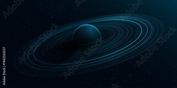 Fototapeta Abstract blue planet Saturn with ring around and shining stardust. Scientific presentation backdrop for online conference. Black outer space concept. Cosmic Science background. Vector illustration