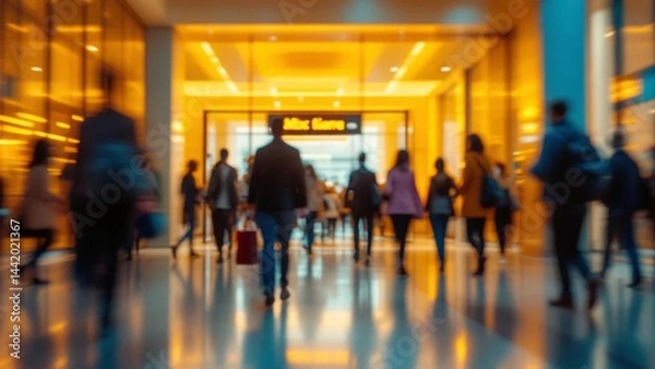 Fototapeta Blurred people in motion in modern lobby. 