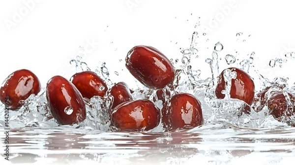 Fototapeta Fresh Red Dates Splashing into Clear Water Against White Background