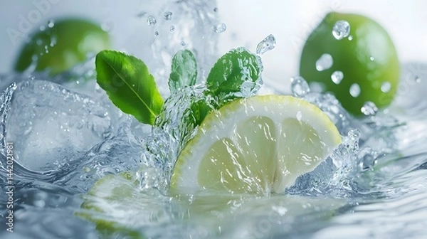 Obraz Fresh Lemon Splash with Mint Leaves and Ice Cubes in Water