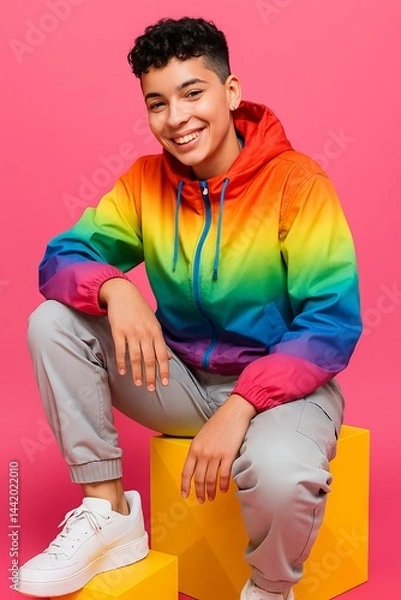 Obraz A young person dressed in a vibrant, colorful jacket with a rainbow gradient design, paired with light grey cargo pants and stylish white sneakers.