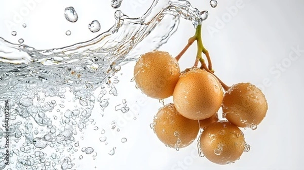 Obraz Fresh Yellow Grapes Splashing in Clear Water with Bubbles