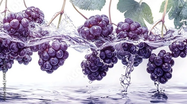 Obraz Fresh Purple Grapes Splashing in Clear Water with Green Leaves