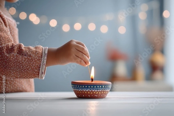 Fototapeta Child's Hands Carefully Lighting a Small Oil Lamp With a Match in a Softly Lit Room for a Festive Celebration