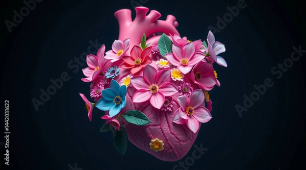 Fototapeta Human heart with flowers. 3d rendering, 3d illustration.