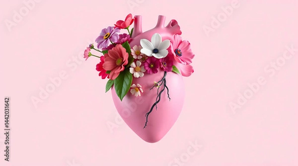Fototapeta 3d rendering of a human heart with flowers on a pink background
