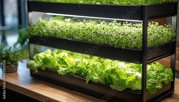 Obraz Vertical salad garden made from an old spice rack, densely planted with lettuce and arugula microgreens. Ideal for illustrating compact indoor growing solutions