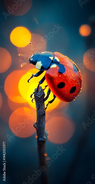 Obraz Bright ladybug on a twig. A vibrant ladybug rests on a stick, surrounded by glowing bokeh lights, creating a magical evening atmosphere.