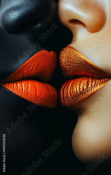 Obraz Vibrant, artistic lips. Two lips, one in deep orange and the other in metallic gold, create a striking contrast and showcase artistic makeup.