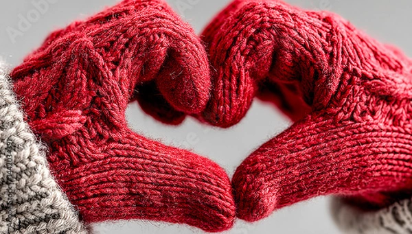 Obraz Red mittens form a heart. Two cozy red mittens form a heart shape against a neutral background, symbolizing warmth and connection.