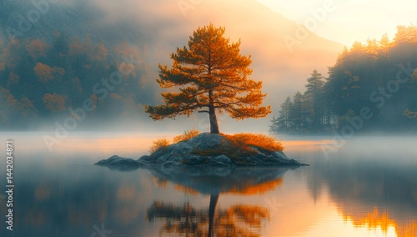Obraz Calm sunrise over a quiet lake. Golden sunlight casts a warm glow on a solitary tree by a calm lake at dawn, surrounded by mist and autumn foliage.