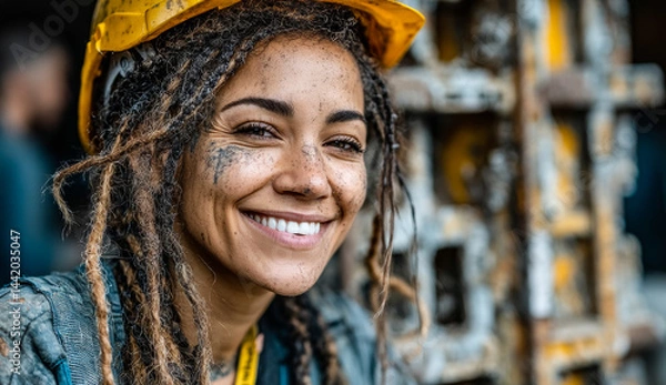Obraz Happy worker after a long day. A young woman wearing a hard hat smiles brightly, showcasing her hard work and dedication at a construction site.