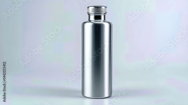 Fototapeta This shiny silver flask stands against a white background, ideal for a mockup of a fitness drink container or sports tumbler.

