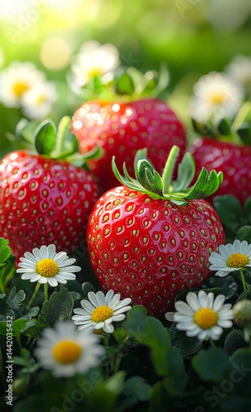 Obraz Fresh strawberries surrounded by flowers. Ripening red strawberries rest among bright white flowers, showcasing a vibrant garden setting in sunlight.