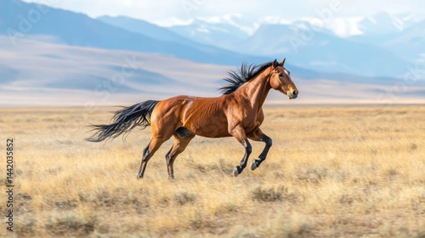 Fototapeta Elegant brown horse galloping freely across vast open grassland under clear blue sky with distant mountains in background du daytime
