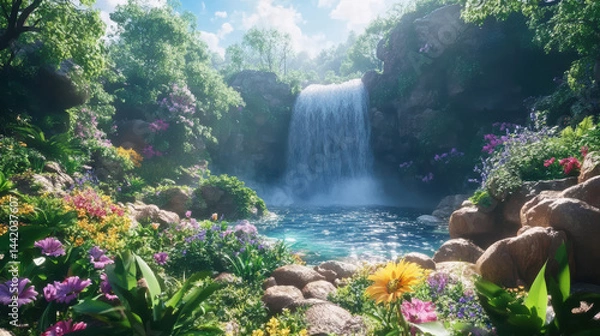 Fototapeta Vibrant lush garden with colorful flowers surrounding a cascading waterfall flowing into a serene pond amidst green foliage and bright sunlight lighting up the landscape